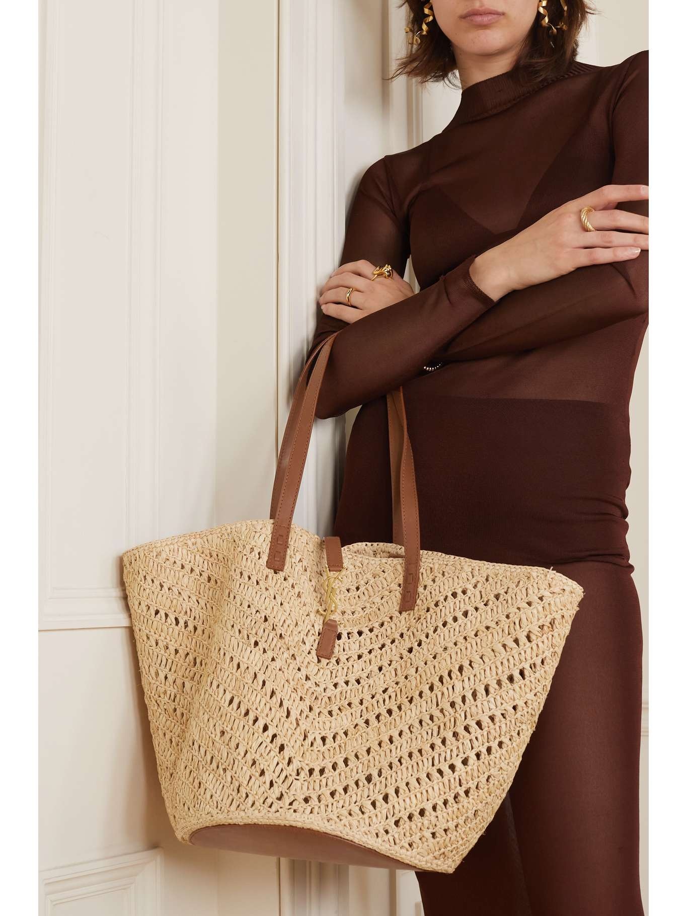 SAINT LAURENT Panier medium leather-trimmed raffia tote bag