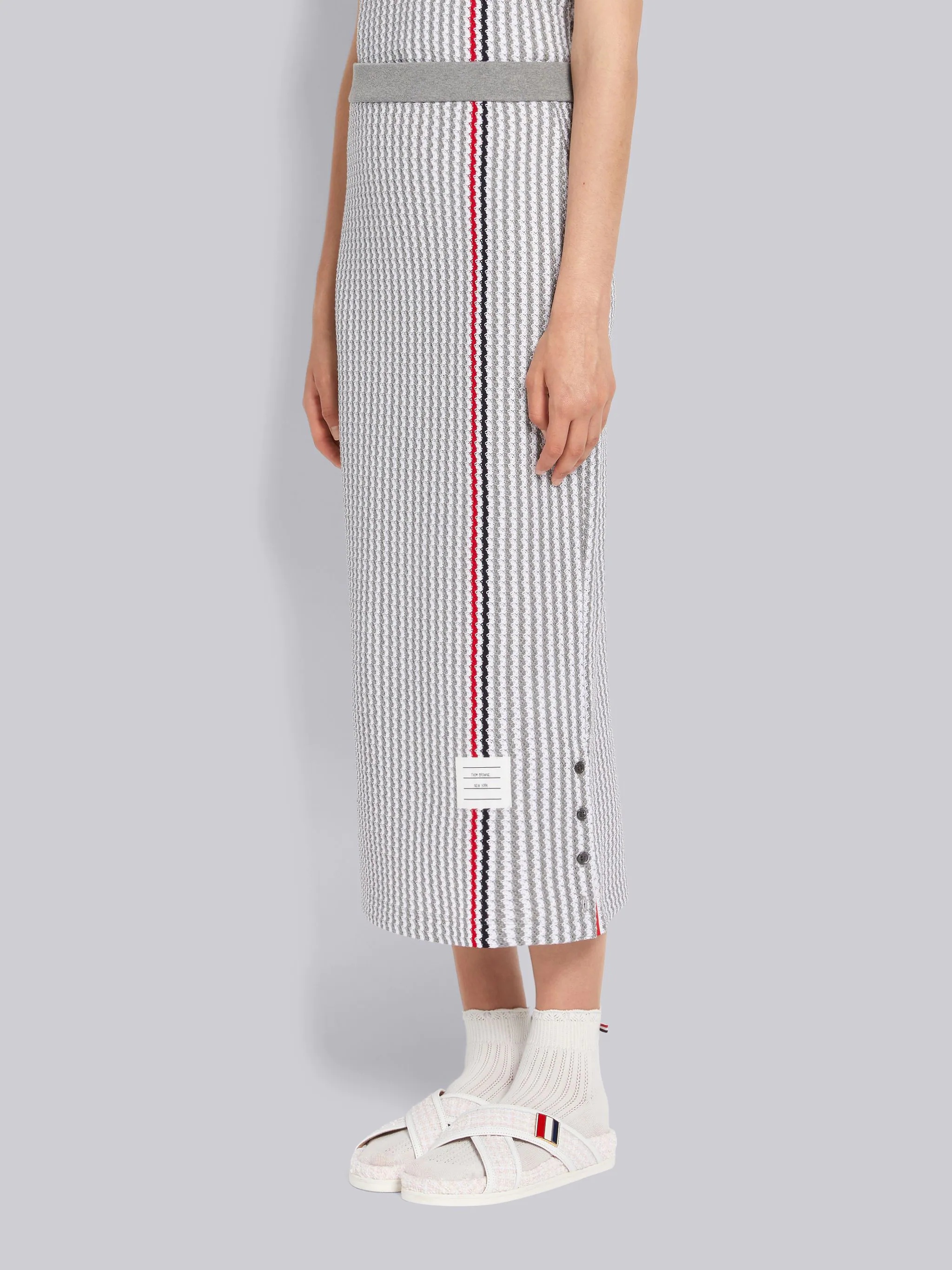 Light Grey University Stripe Cotton Tweed Engineered Stripe Side Vent Calf Length Skirt - 2