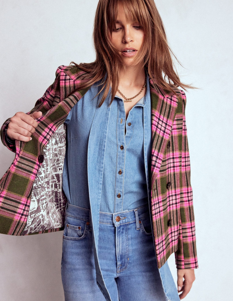 Boxy Double Breasted Blazer-Olive Green and Pink Check 6