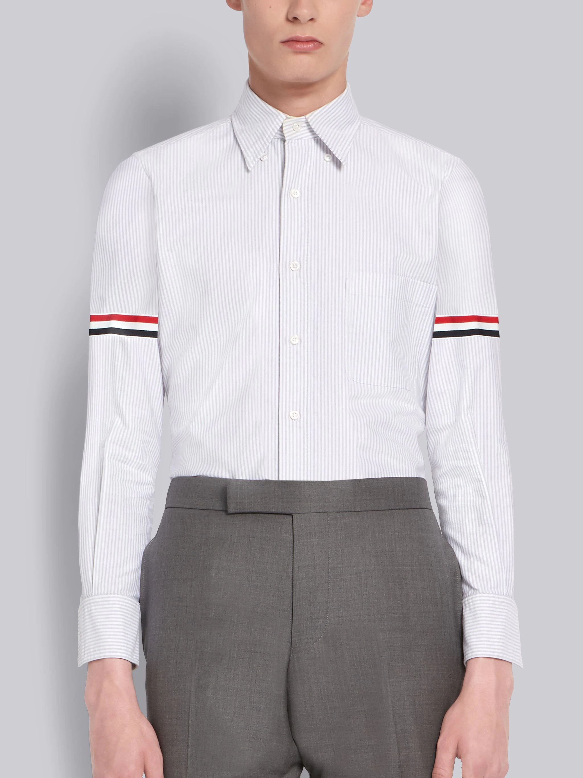 Medium Grey Oxford Cotton University Stripe Grosgrain Armband Shirt - 1