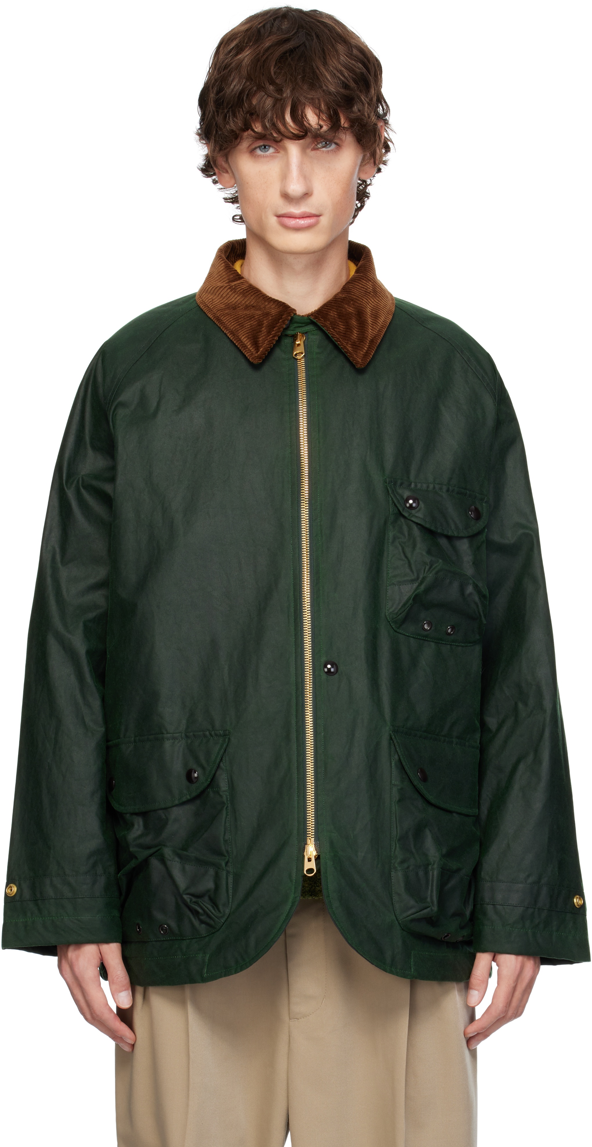 Drake's Green Waxed Coverall Jacket | REVERSIBLE