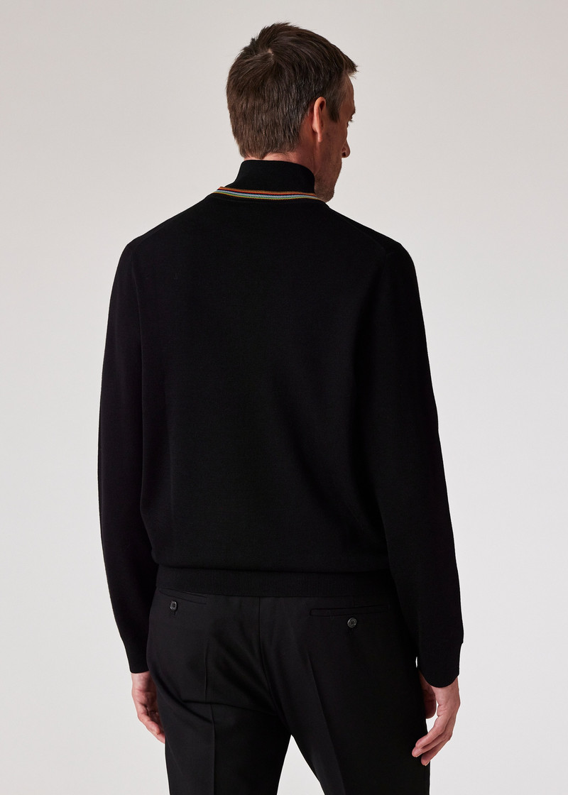 Black Merino Wool Full-Zip Cardigan With 'Signature Stripe' Trim 5