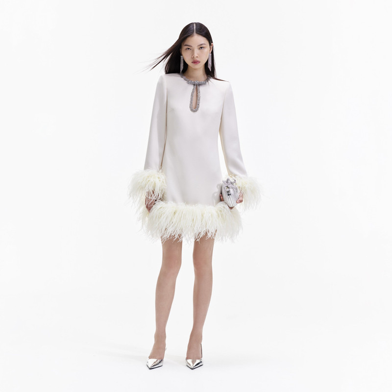 Cream Crepe Feather Mini Dress 1