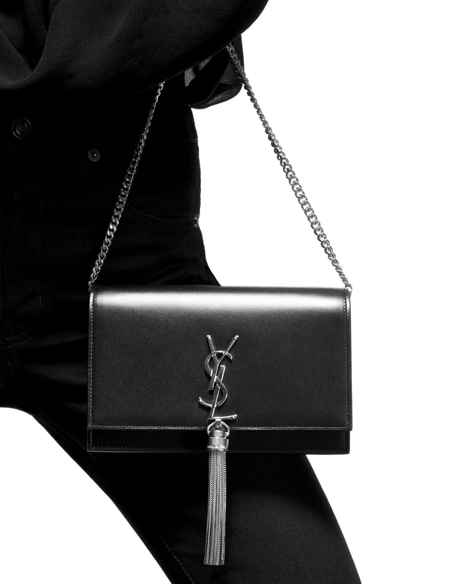 SAINT LAURENT kate chain wallet with tassel in crocodile embossed shiny leather REVERSIBLE