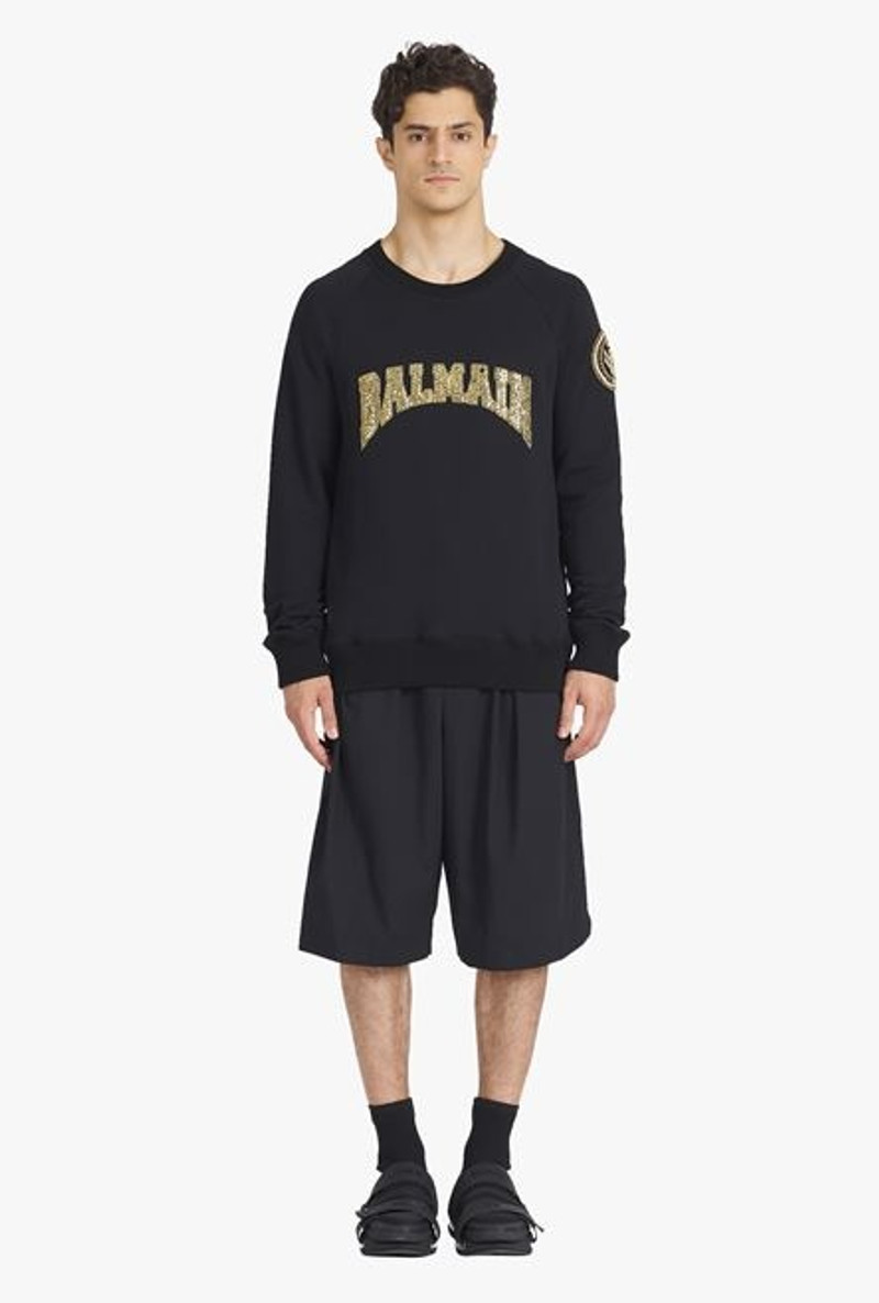 Black cotton sweatshirt with embroidered gold-tone Balmain Paris logo 3