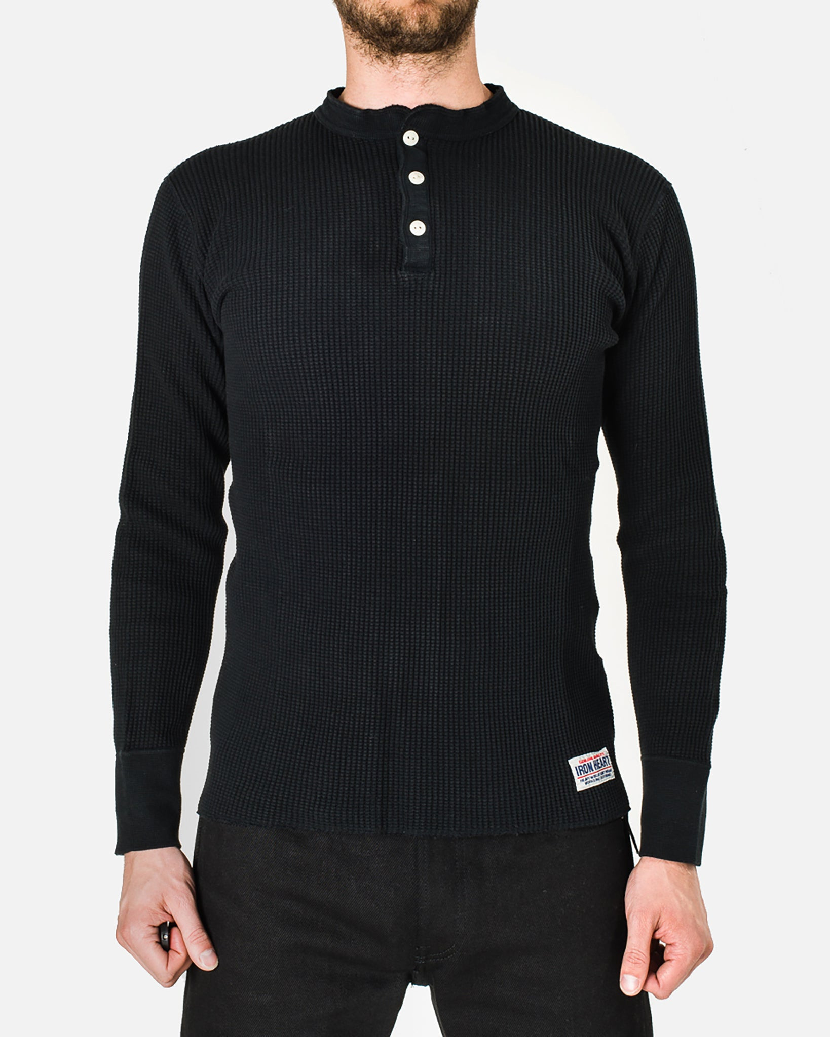 IHTL-1213-BLK Waffle Knit Long Sleeved Thermal Henley - Black - 2