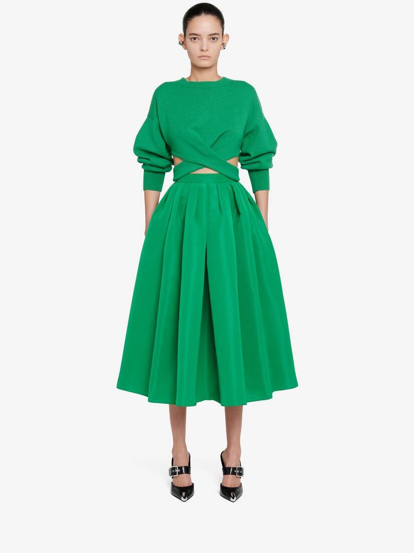 Women's Gathered Midi Skirt in Bright Green - 2