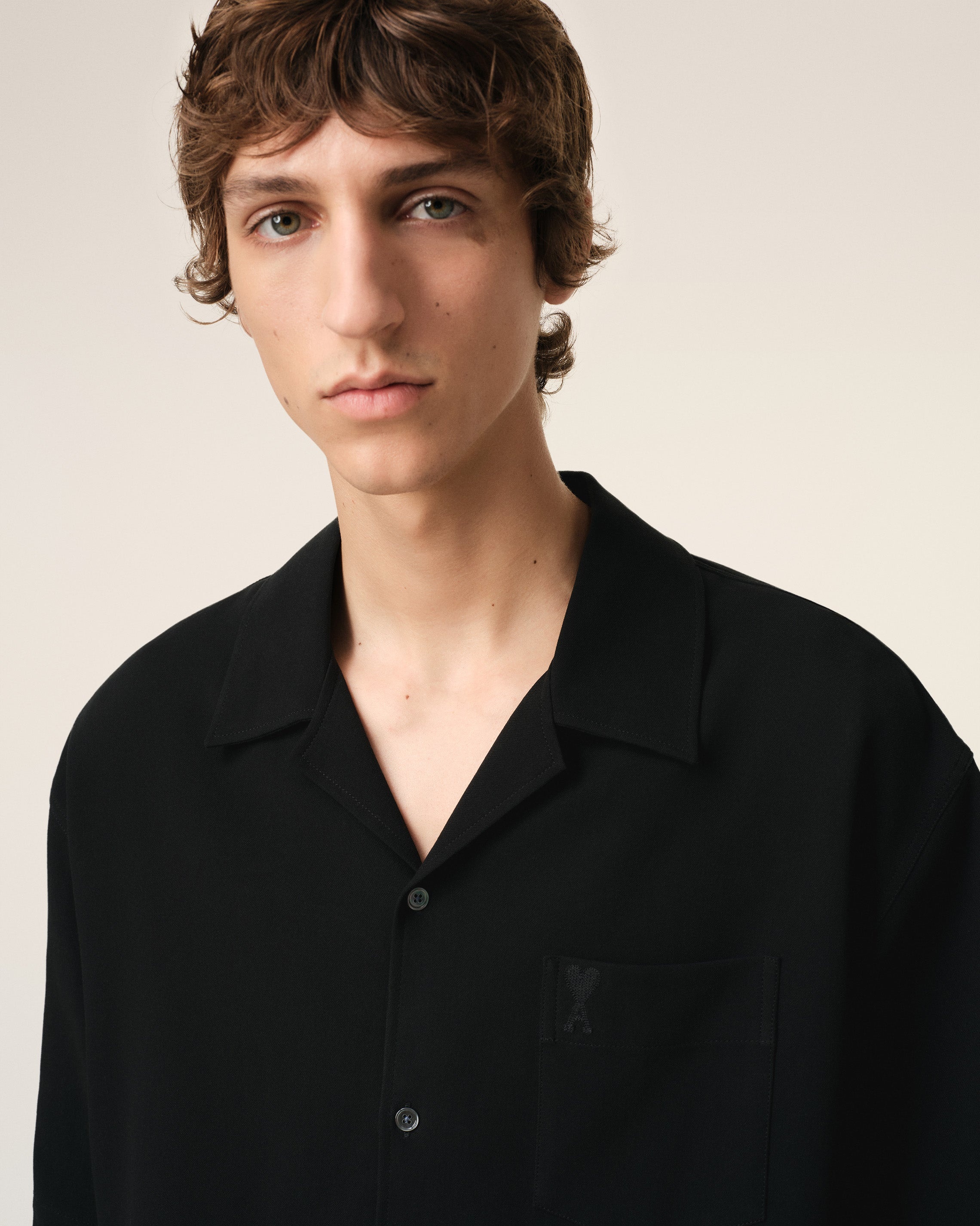 BLACK COTTON CAMP COLLAR SHORT SLEEVES SHIRT - 4