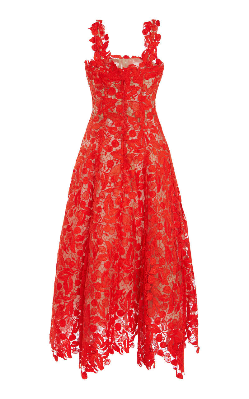 Oscar de la Renta Floral Guipure Midi Dress red outlook