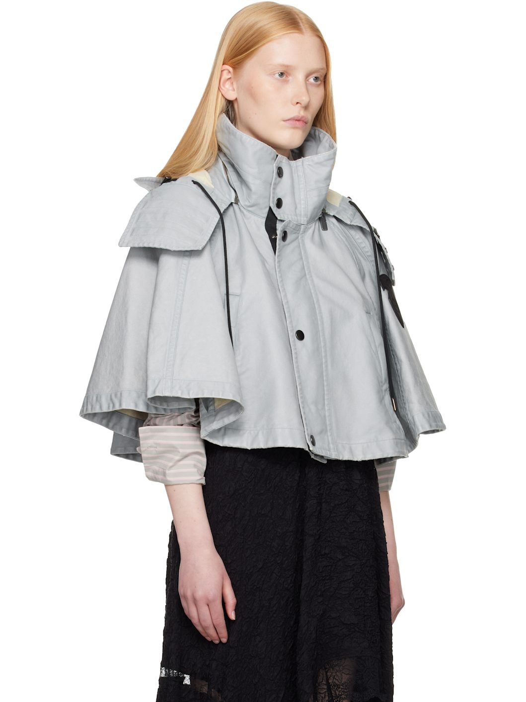 Blue Bleached Cotton Hooded Capelet Jacket - 2