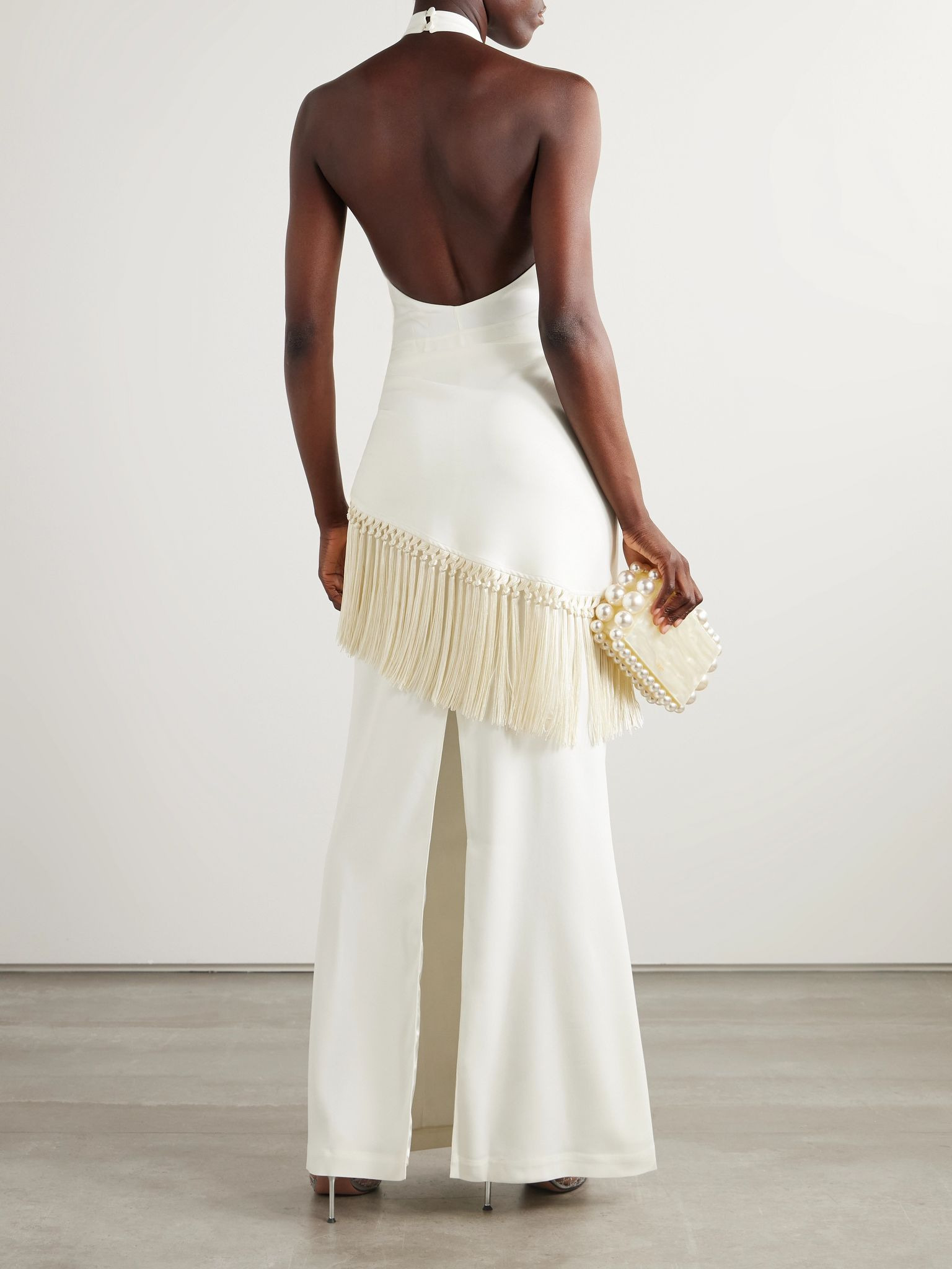 Meteora tasseled layered crepe halterneck gown Cream - 3