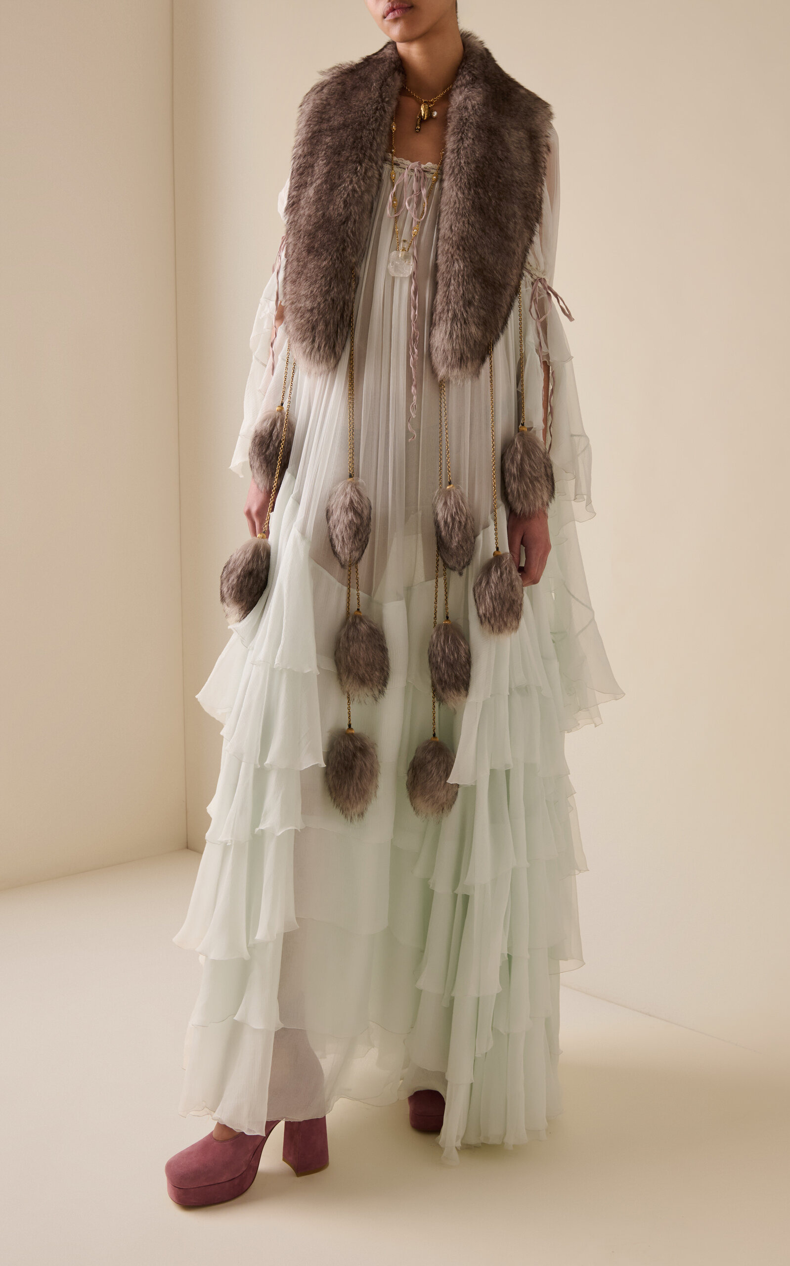 Flou Ruffled Organic Silk Mousseline Gown grey - 2