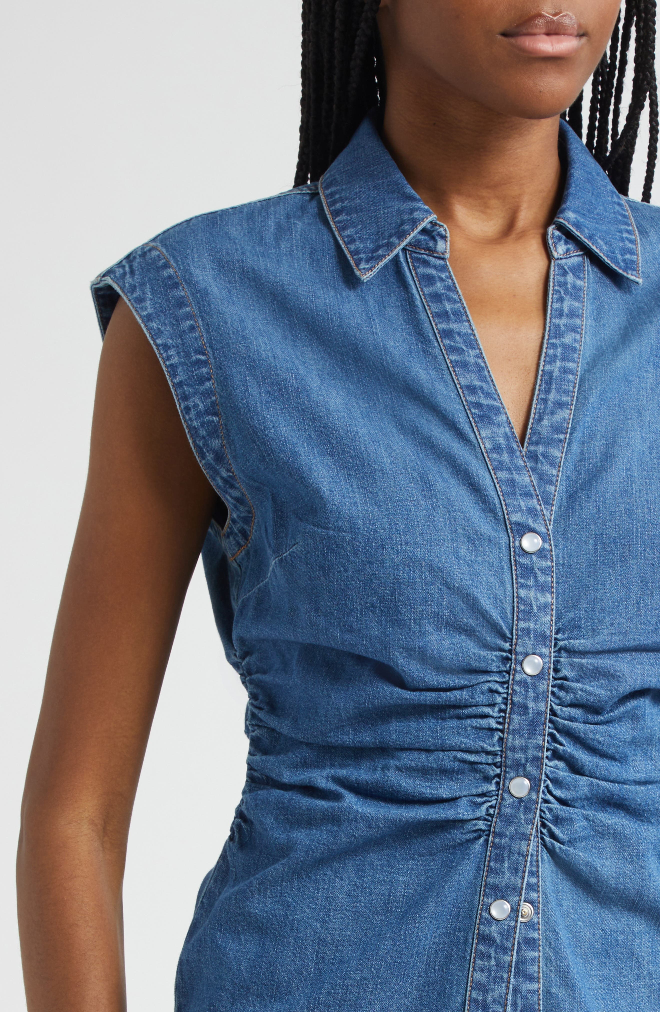 Veronica Beard Sera Center Ruched Sleeveless Denim Button-Up Shirt in Serendipity at Nordstrom - 4