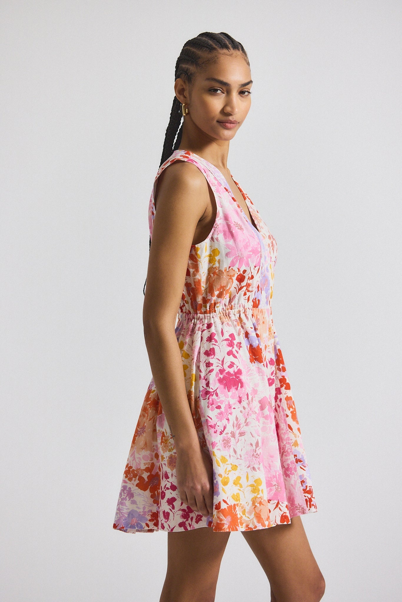 TIA FLORAL PRINTED STRETCH LINEN MINI DRESS - 4