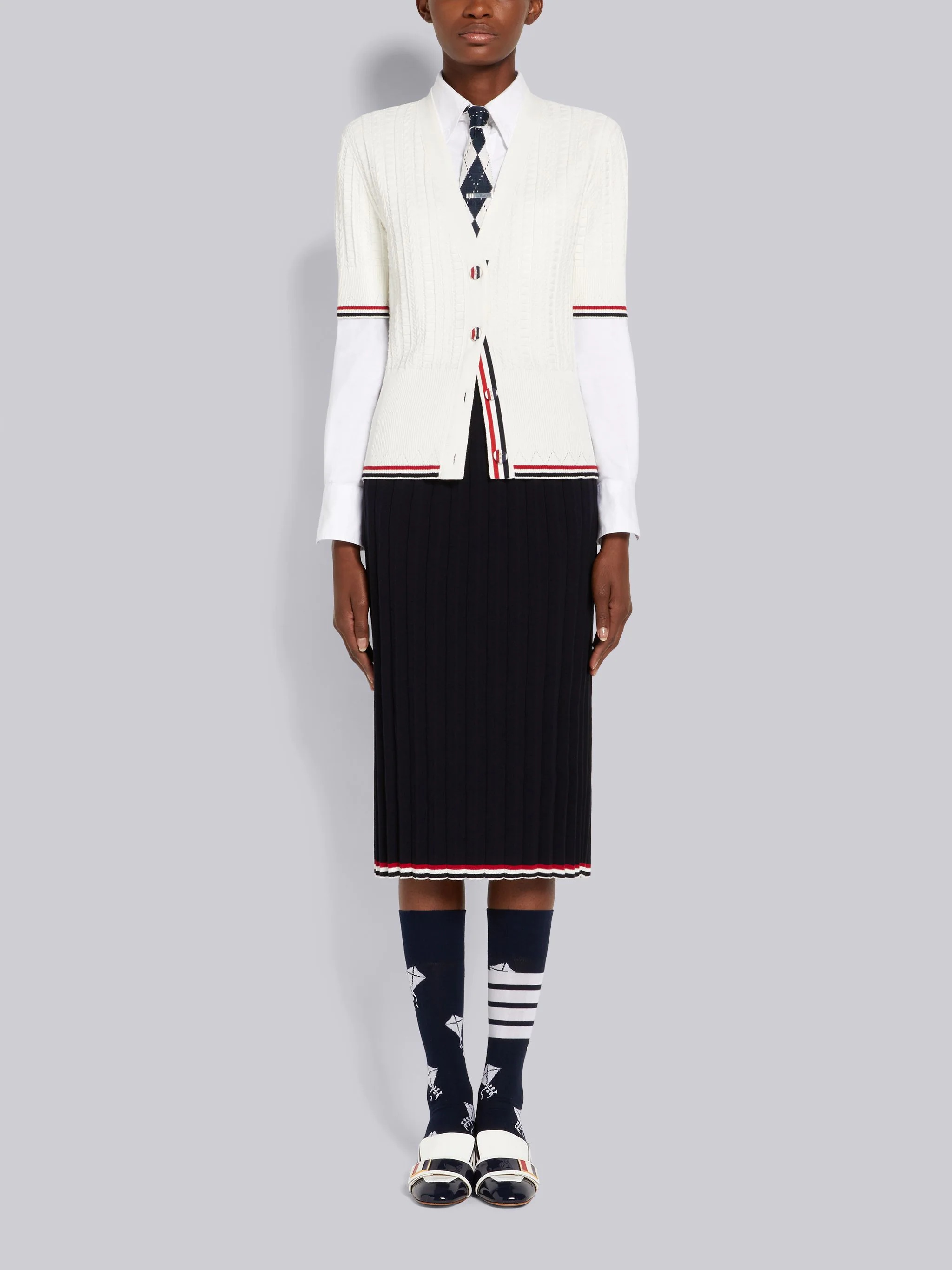 Navy Cable Texture Overtwisted Cotton Stripe Framing Accordion Pleat Knee Length Skirt - 4