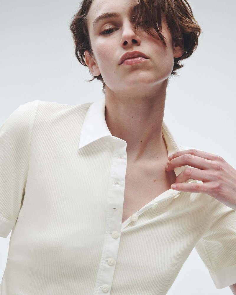 Ribbed Mixed Media Polo Cotton-Modal T-Shirt 7