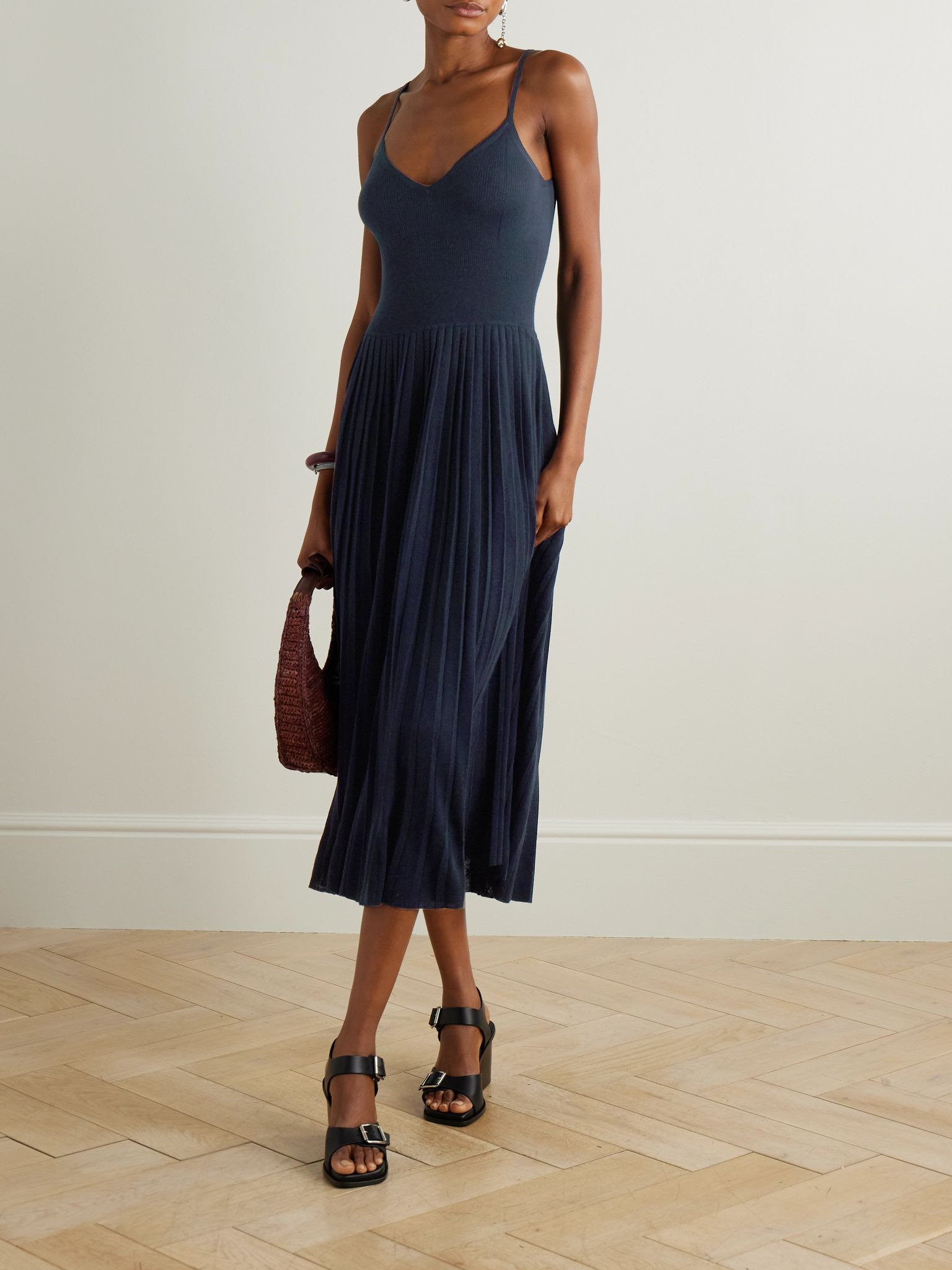 Ribbed silk and organic cashmere-blend midi dress Navy - 2