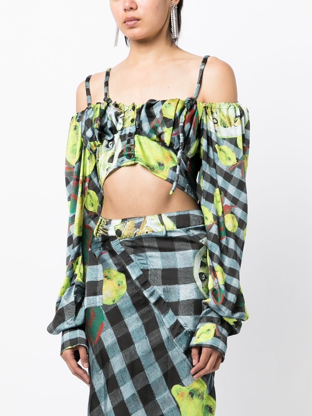 lemon-checked-print off-shoulder top - 3