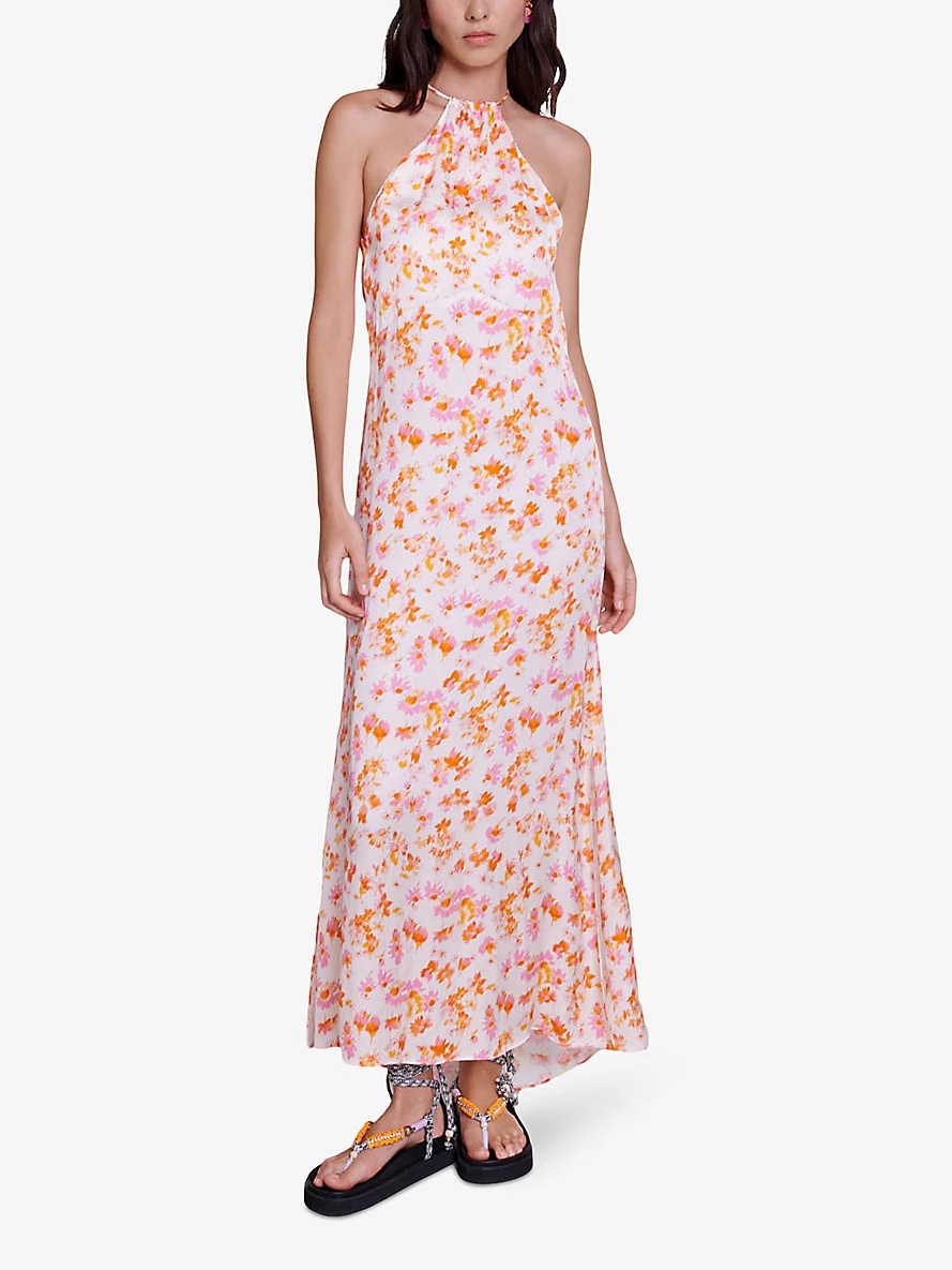 Floral-pattern drawstring-neck satin maxi dress - 2