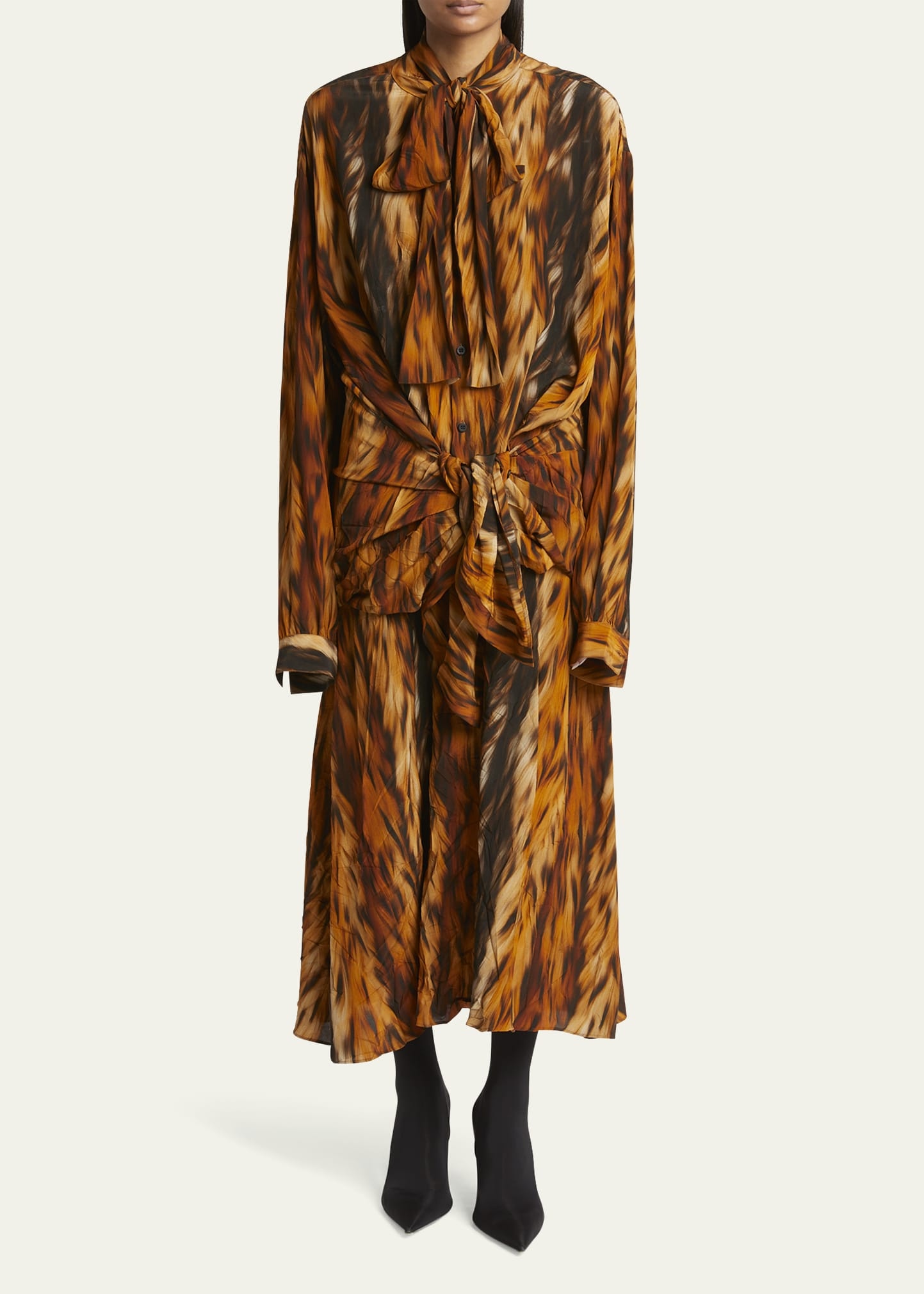 Long Fur Print Knotted Crepe Dress - 2