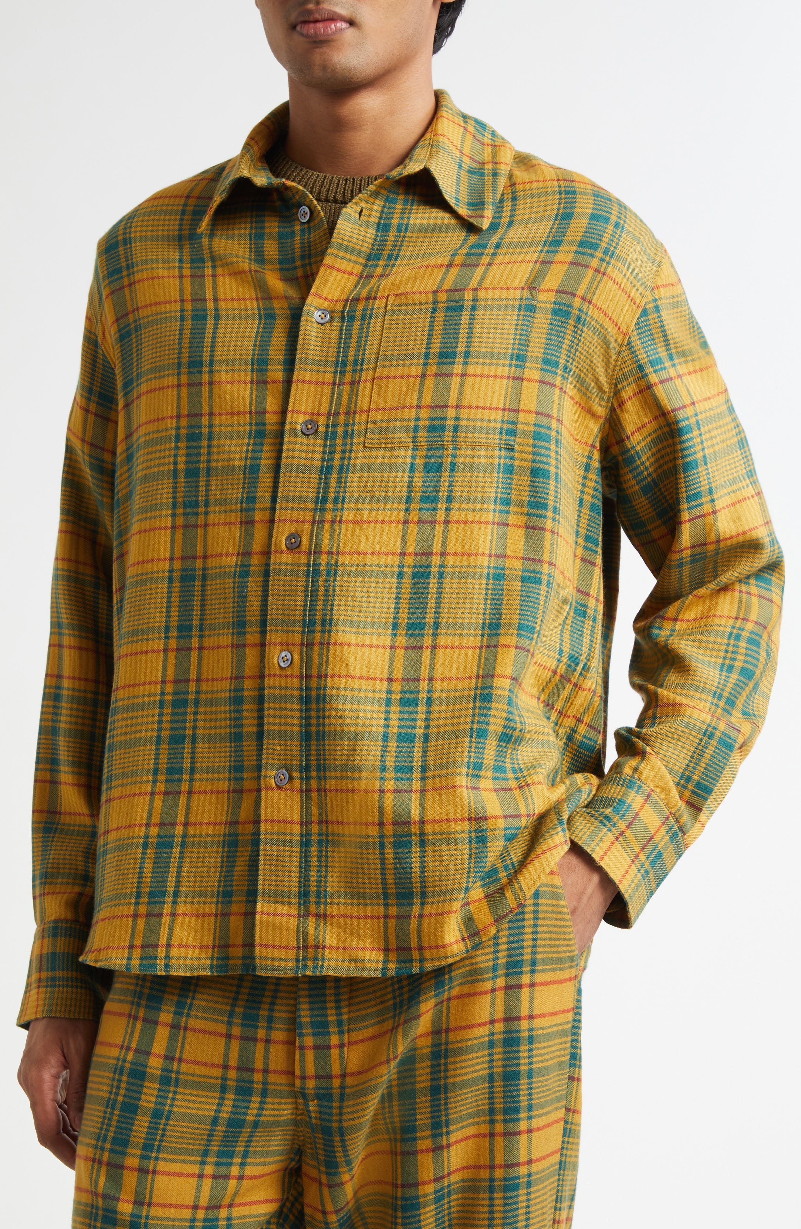 The Elder Statesman Plaid Pashmina Big Cashmere & Wool Button-Up Shirt in Sunshine Plaid at Nordstro - 4