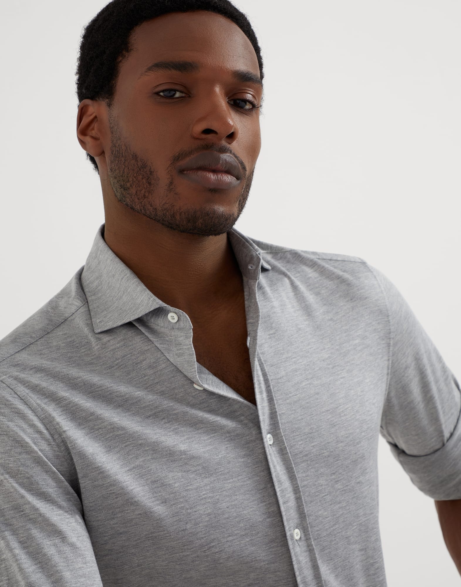 Silk and cotton lightweight jersey shirt with spead collar - 3