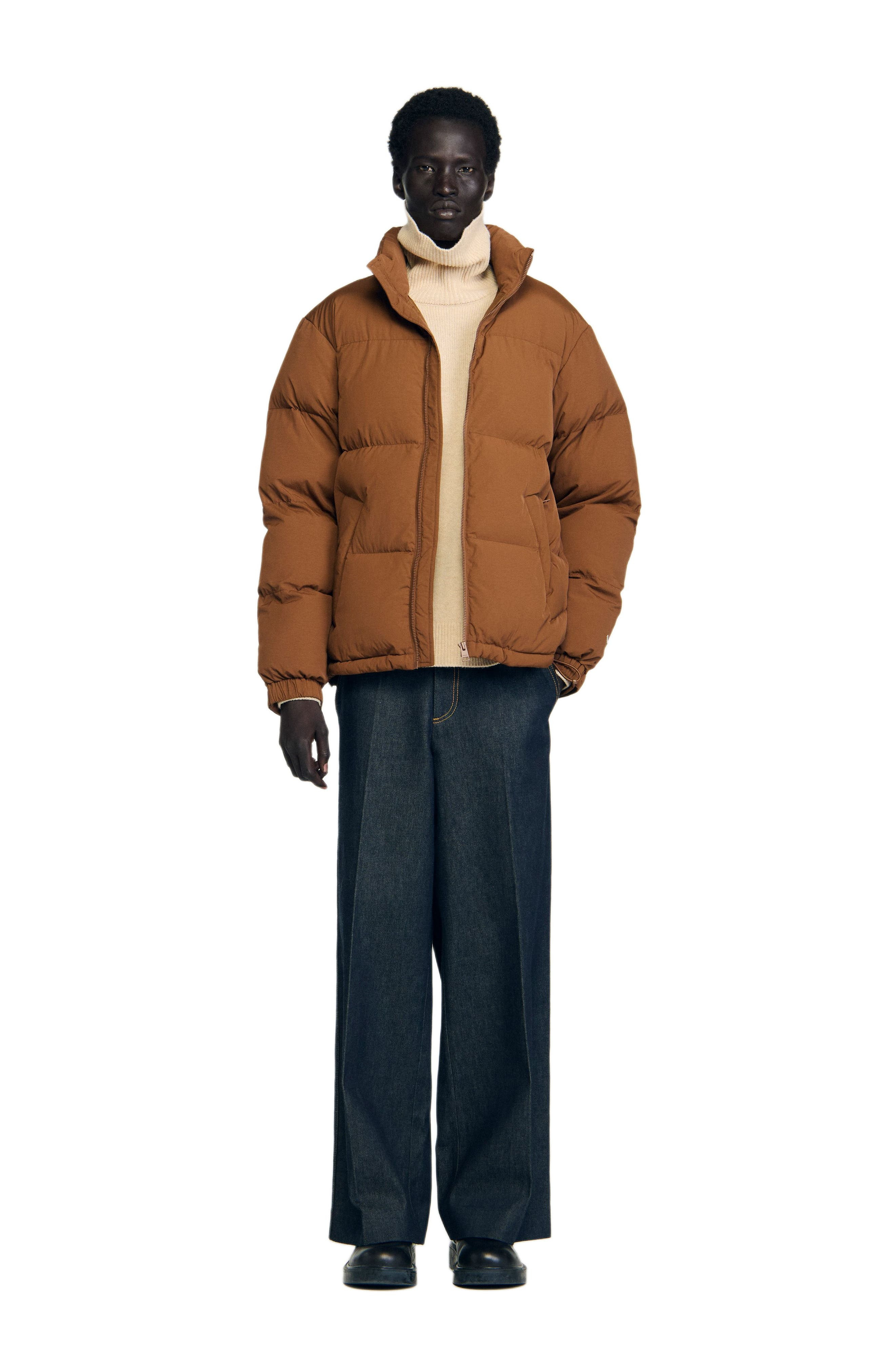 SANDRO Hooded puffer with high collar in Cognac at Nordstrom - 6