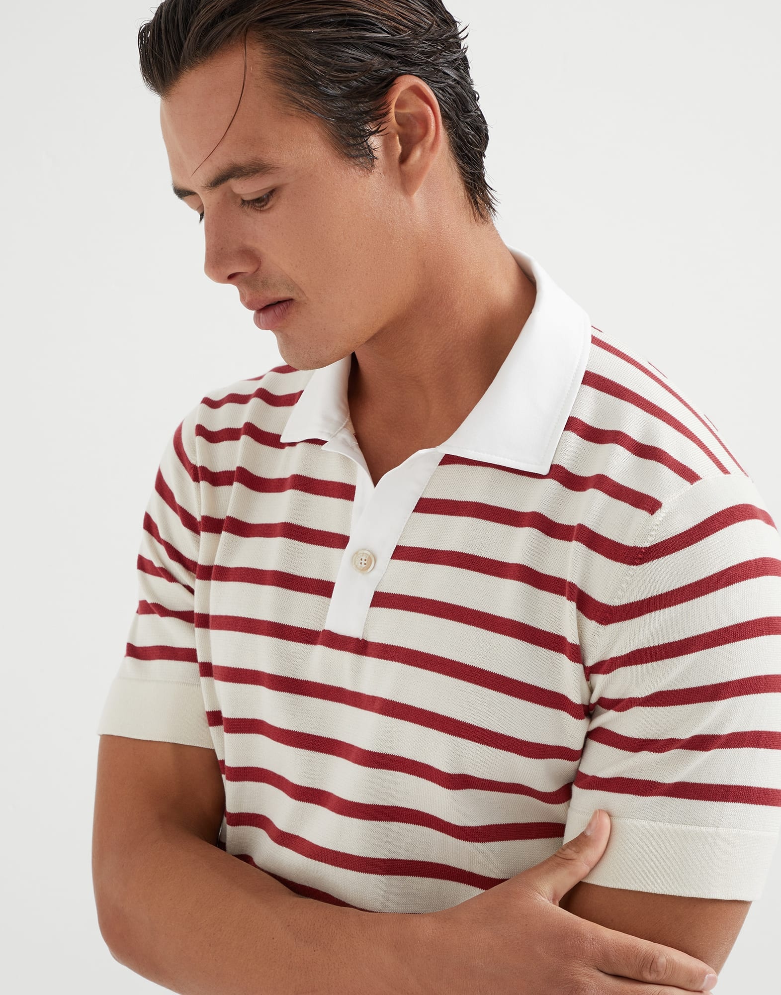 Cotton striped knit polo shirt with twill collar - 3