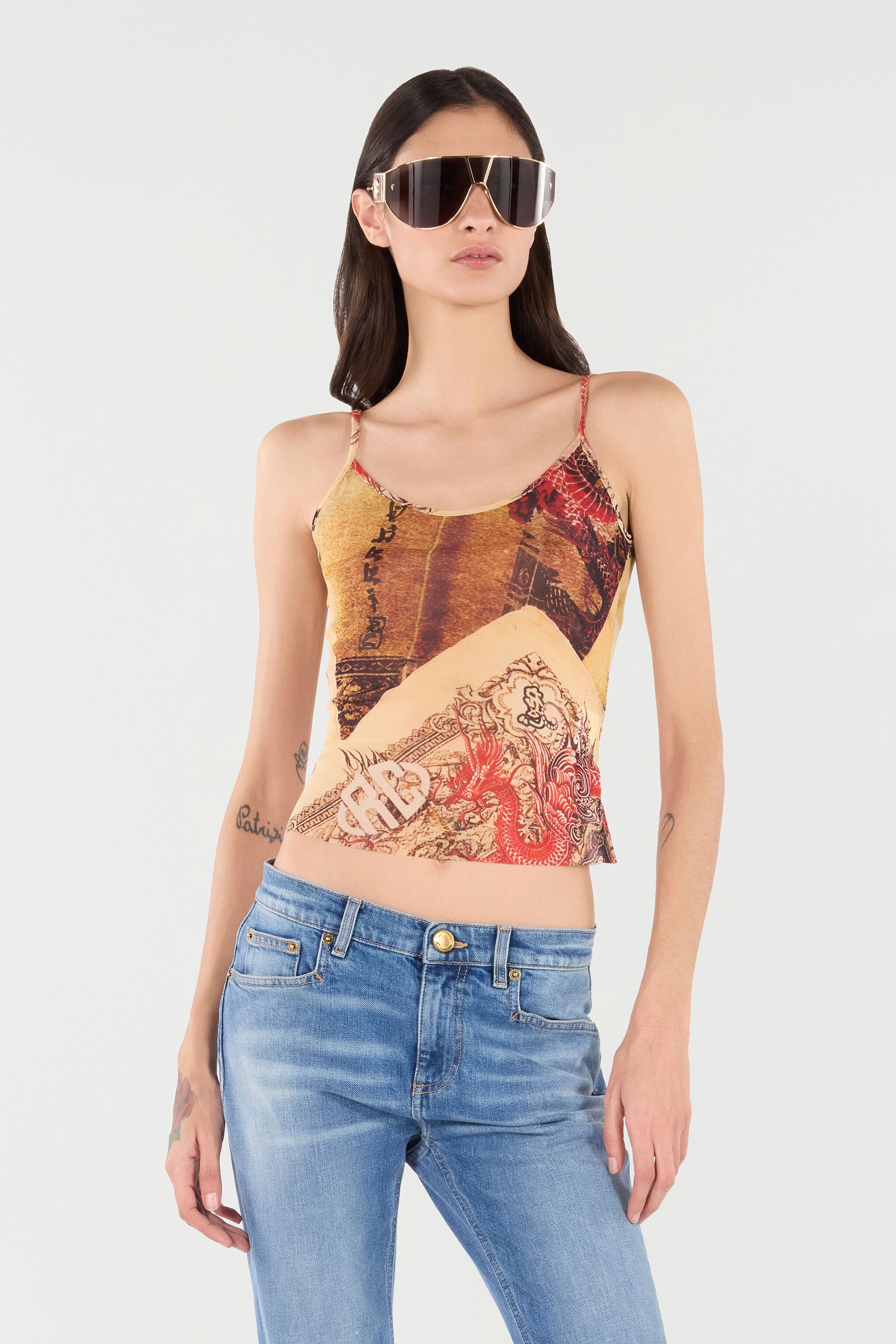 Roberto Cavalli Top with Thin Straps and All-Over Print