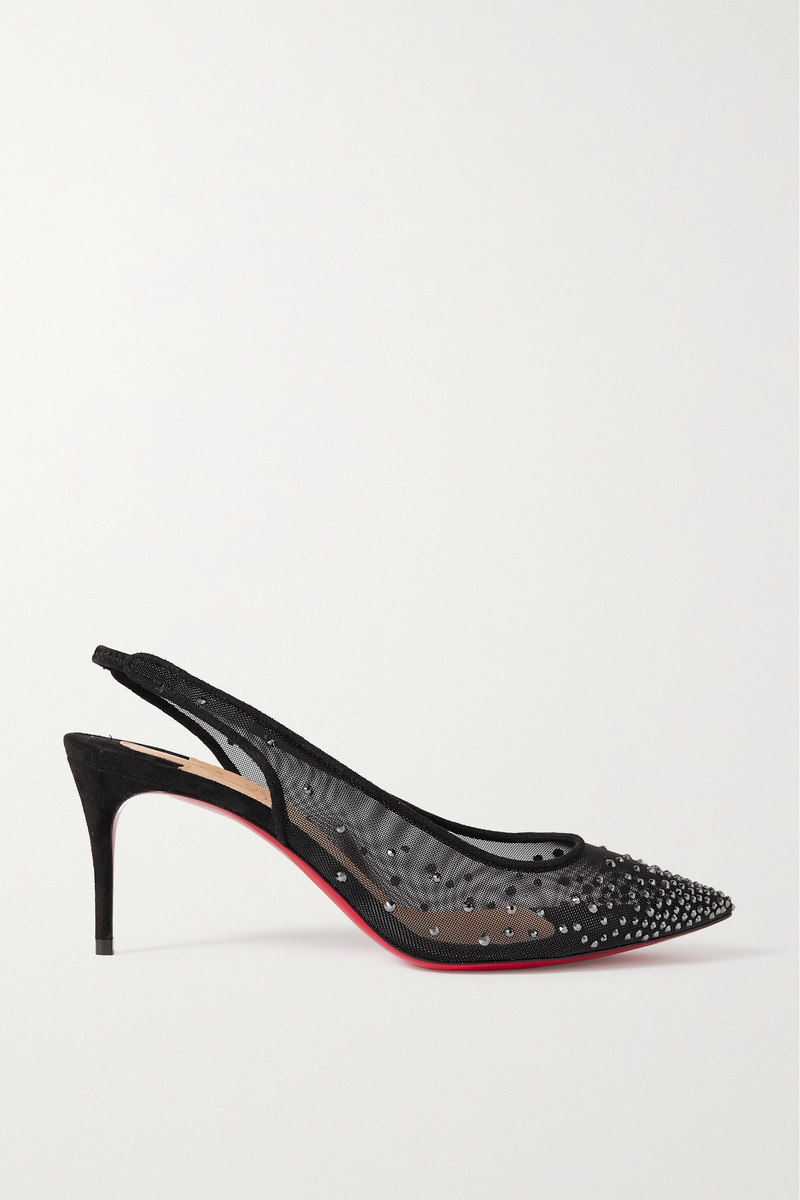Follies 70 suede-trimmed crystal-embellished mesh slingback pumps 1