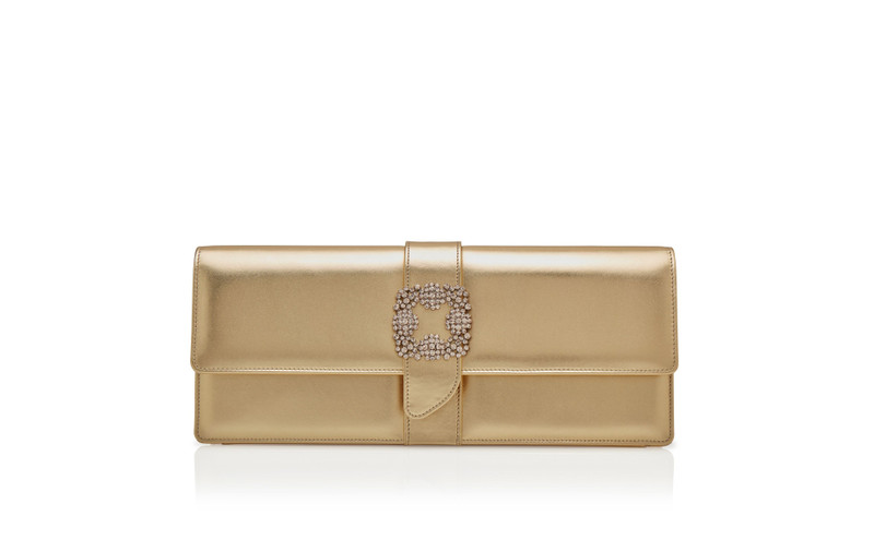 Gold Nappa Leather Jewel Buckle Clutch 1