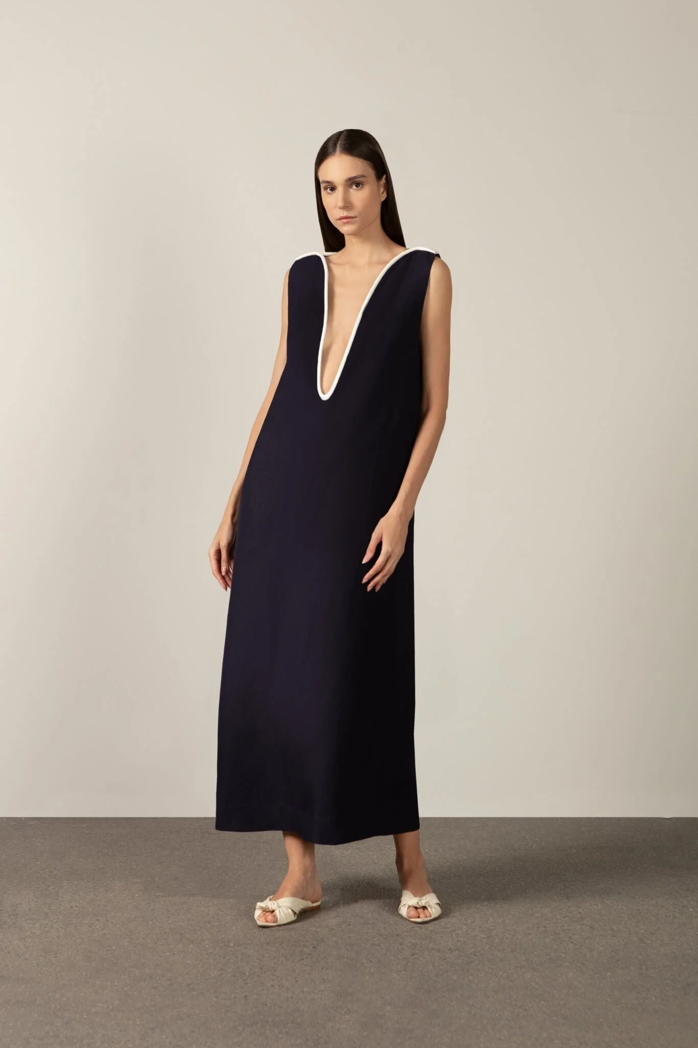 Bicolor Navy Deep V-Neck Maxi Dress - 1