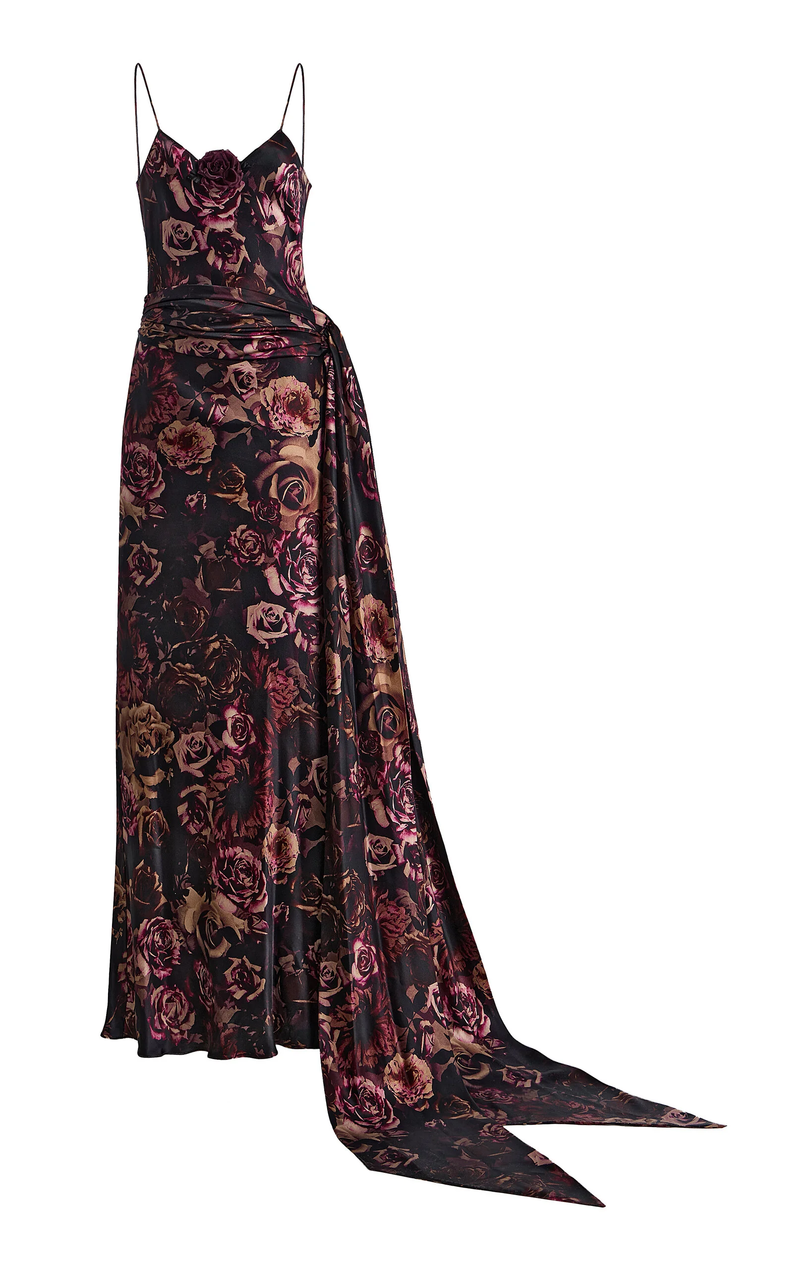 Rose-Print Silk-Satin Slip Scarf Gown - 1