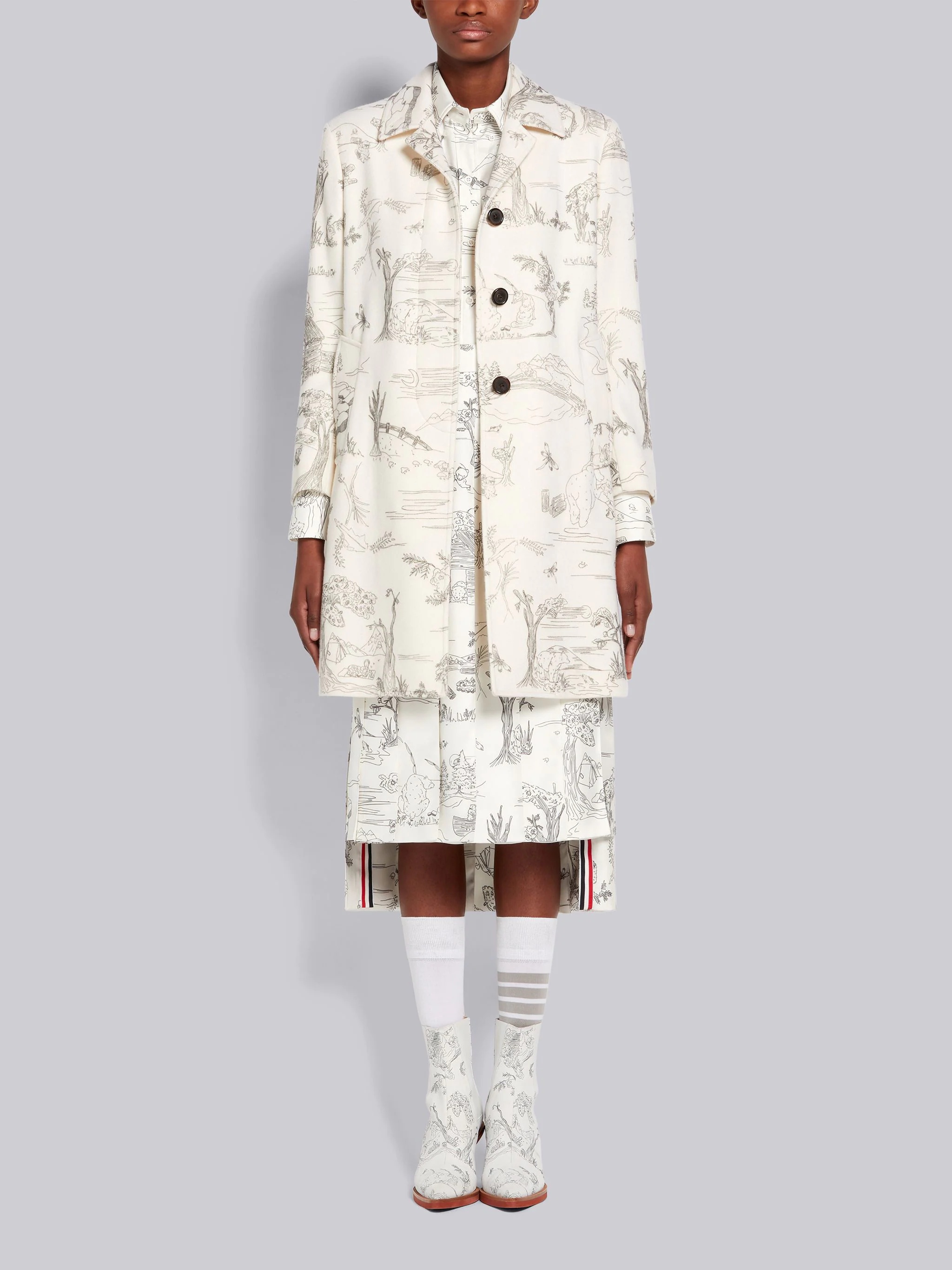 White Silk Twill Animal Camp Toile Dropped Back Pleated Below-the-Knee Skirt - 4