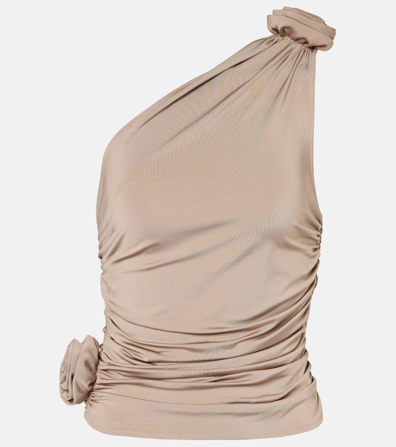 Floral-appliqué one-shoulder ruched top - 1