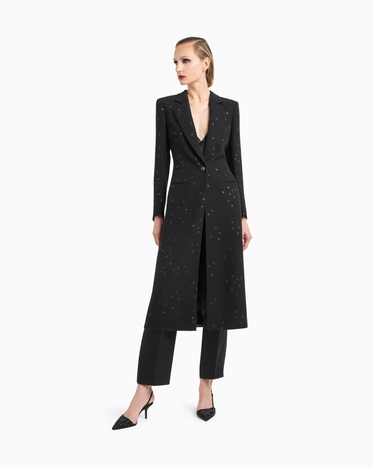 SILK CADY LONG COAT WITH GLITTER MOTIF - 4