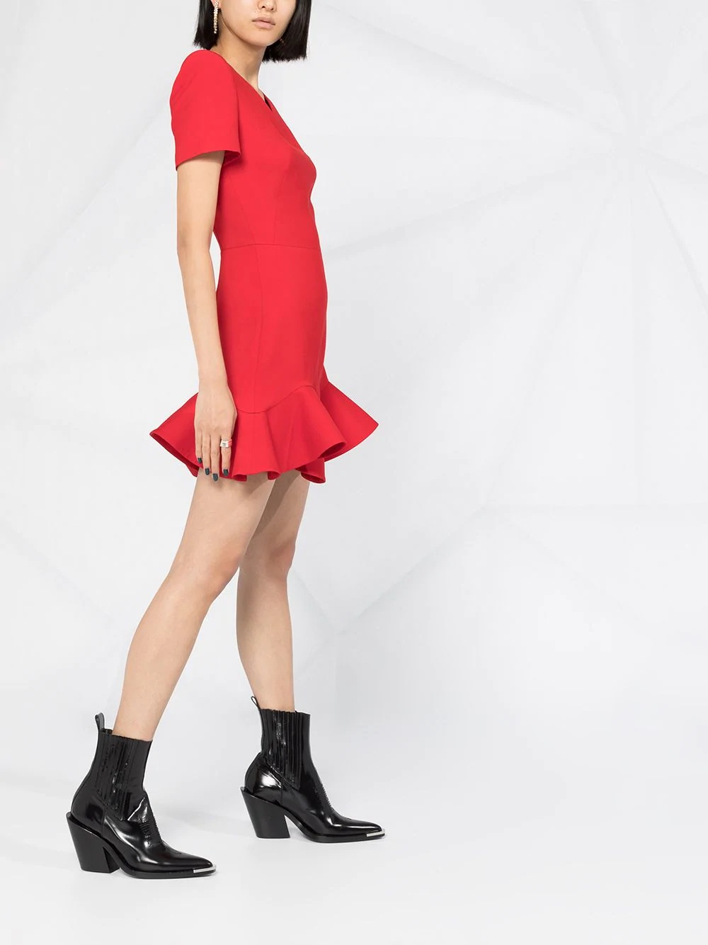 V-neck frilled hem dress - 6