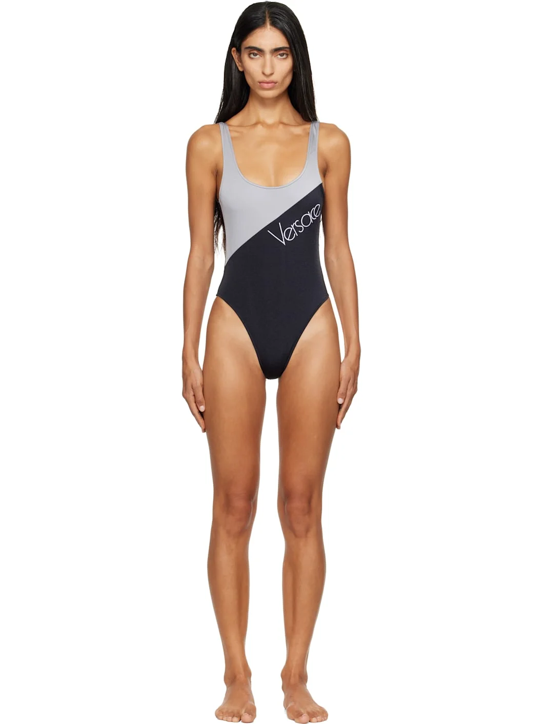 Black & Gray Embroidered-Logo One-Piece Swimsuit - 1