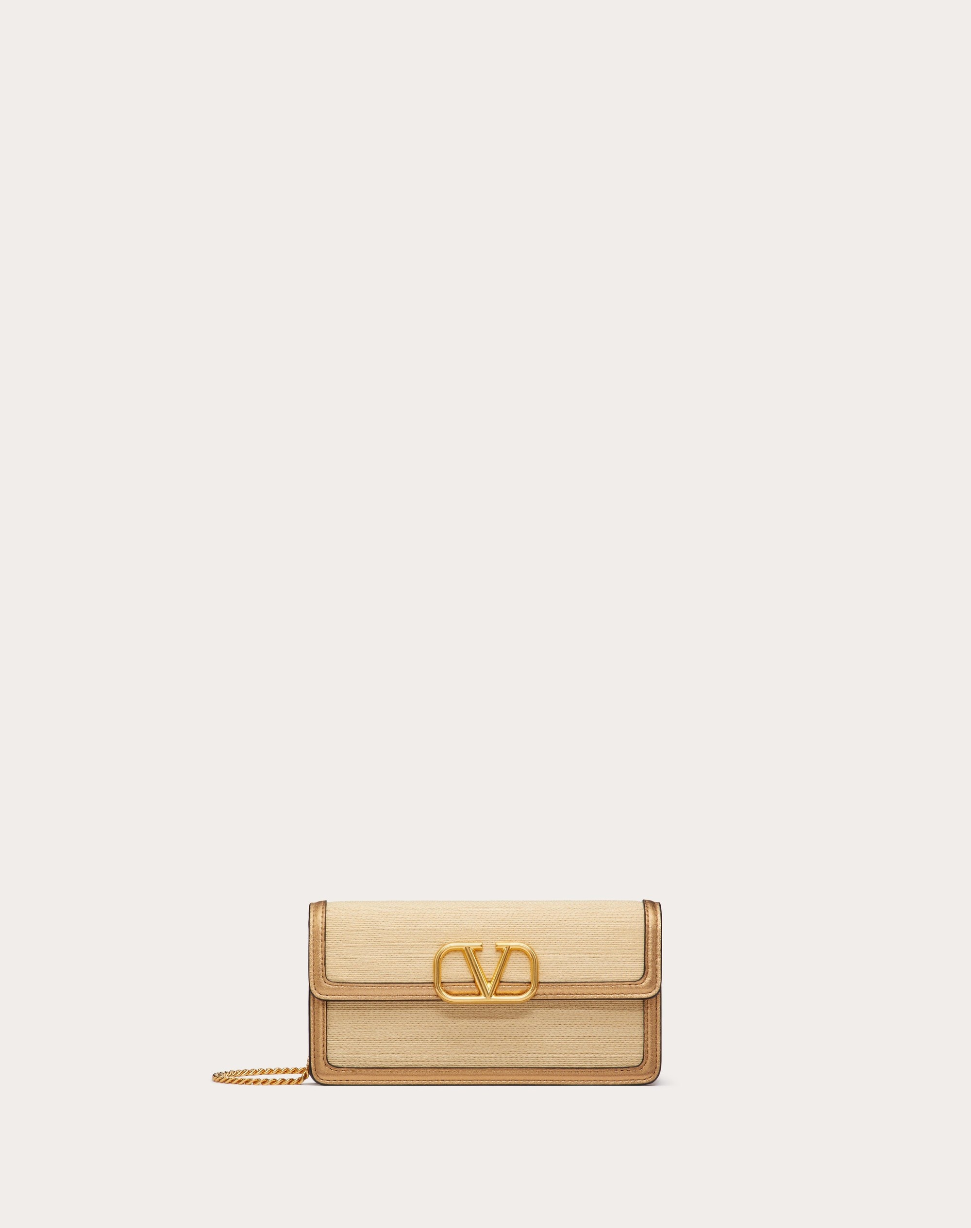 VLOGO SIGNATURE WALLET WITH CHAIN IN RAFFIA AND METALLIC CALFSKIN LEATHER - 1
