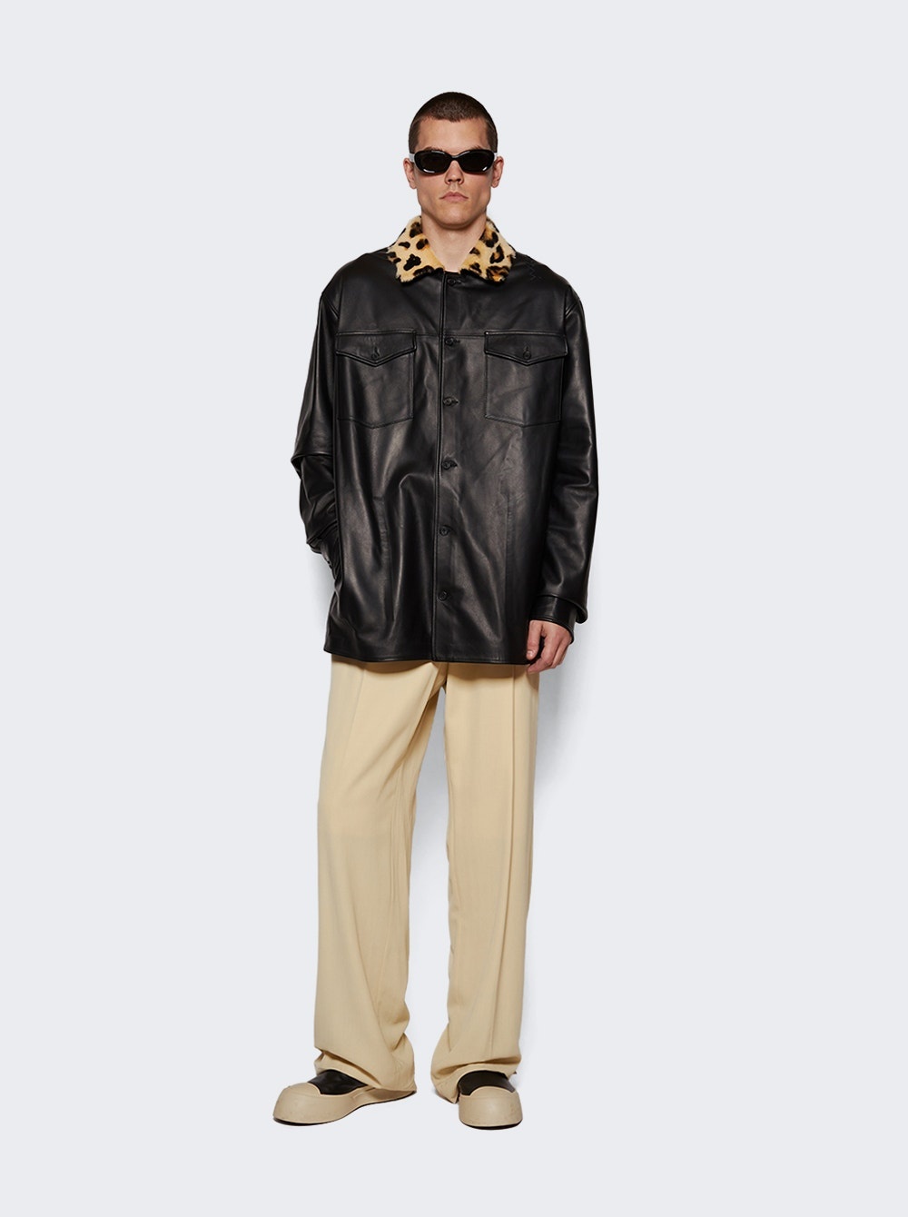 Leather Shirt With Shearling Collar Black - 2