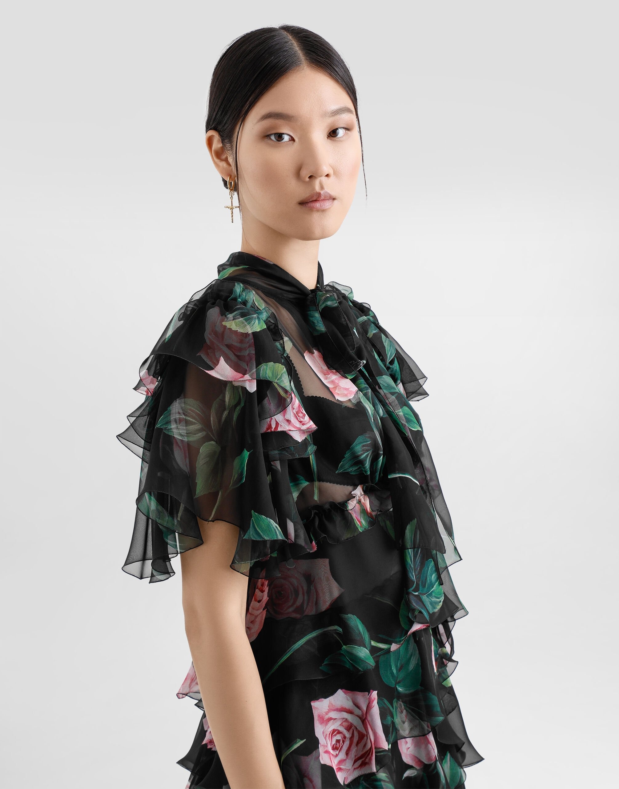 Rose-print chiffon calf-length dress with ruffles and flounces - 5