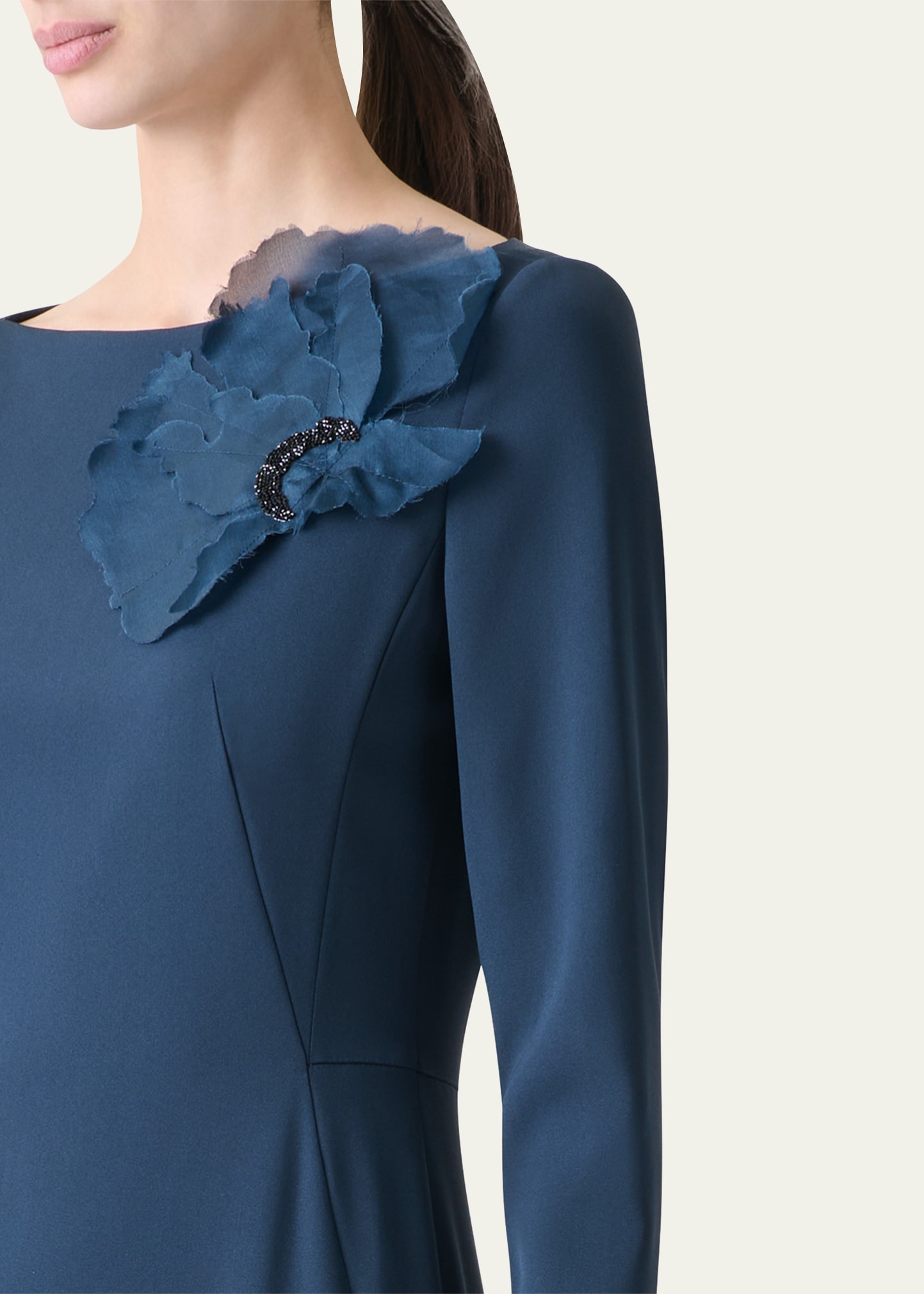 Organza Anemone Corsage Long-Sleeve Crepe Gown - 5