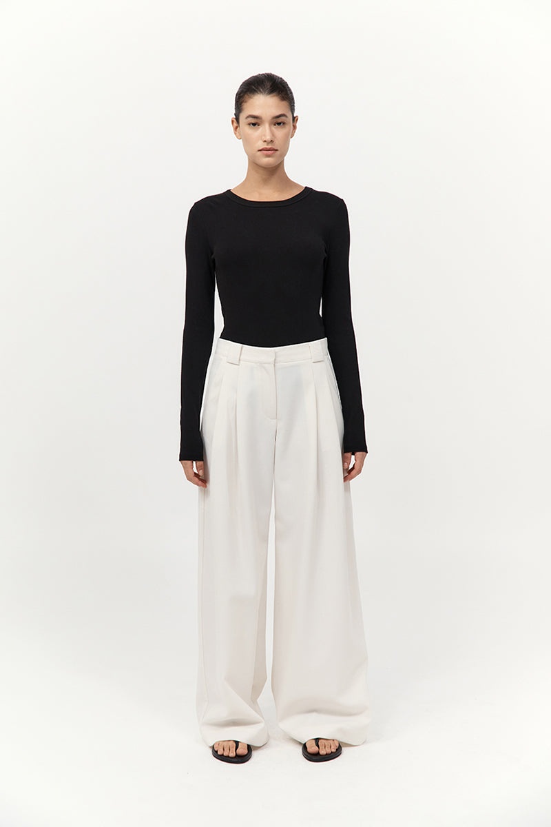 Twill Wide Leg Pleat Pants - Off White - 2