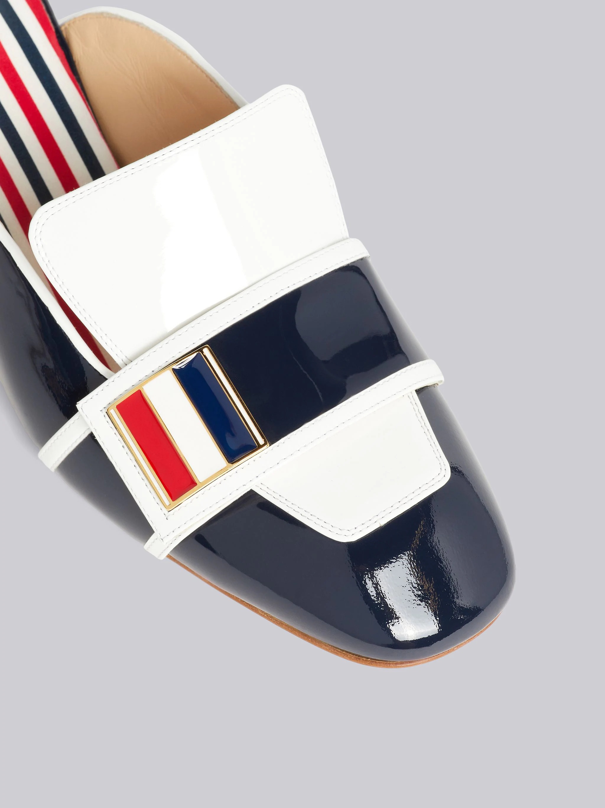 Navy Soft Patent Leather Stripe Enamel Strap 40mm Block Heel Chic Loafer Mule - 2