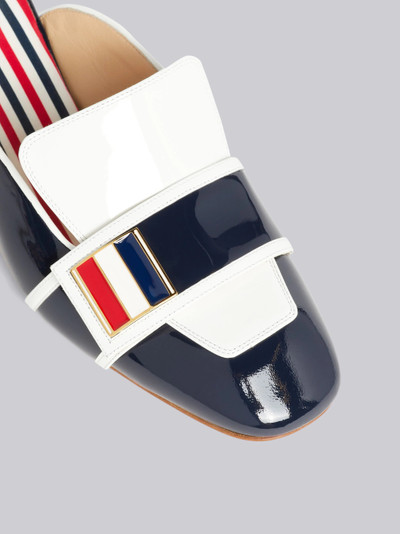 Thom Browne Navy Soft Patent Leather Stripe Enamel Strap 40mm Block Heel Chic Loafer Mule outlook