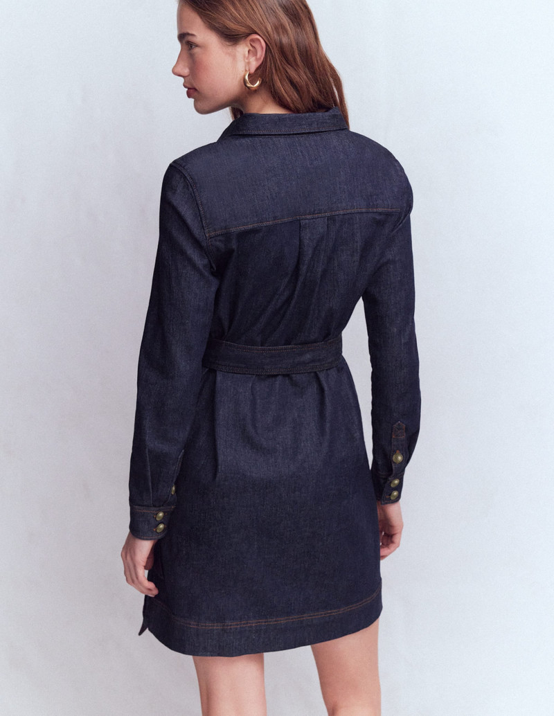 Half Placket Denim Dress-Indigo Wash 4
