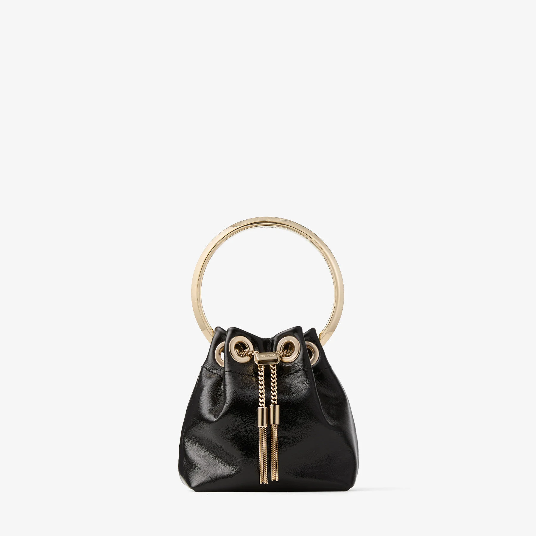 Micro Bon Bon Black and Light Gold Shiny Biker Leather Mini Bucket Bag - 1