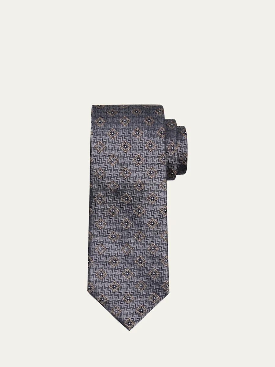 Men's Geometric Tile Jacquard Silk and Cotton Tie - 1