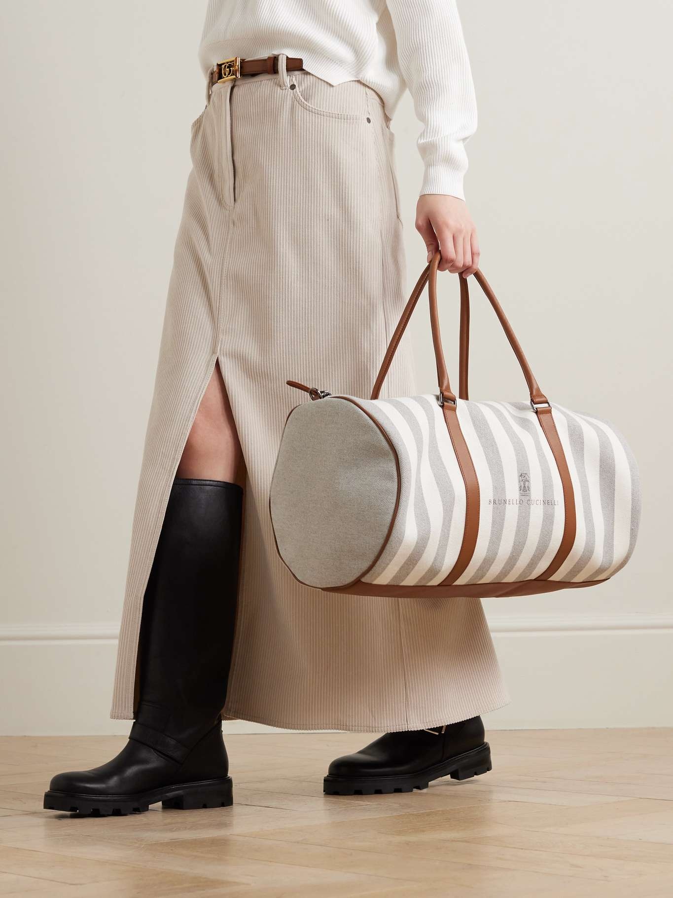 Leather-trimmed striped canvas duffel bag - 2