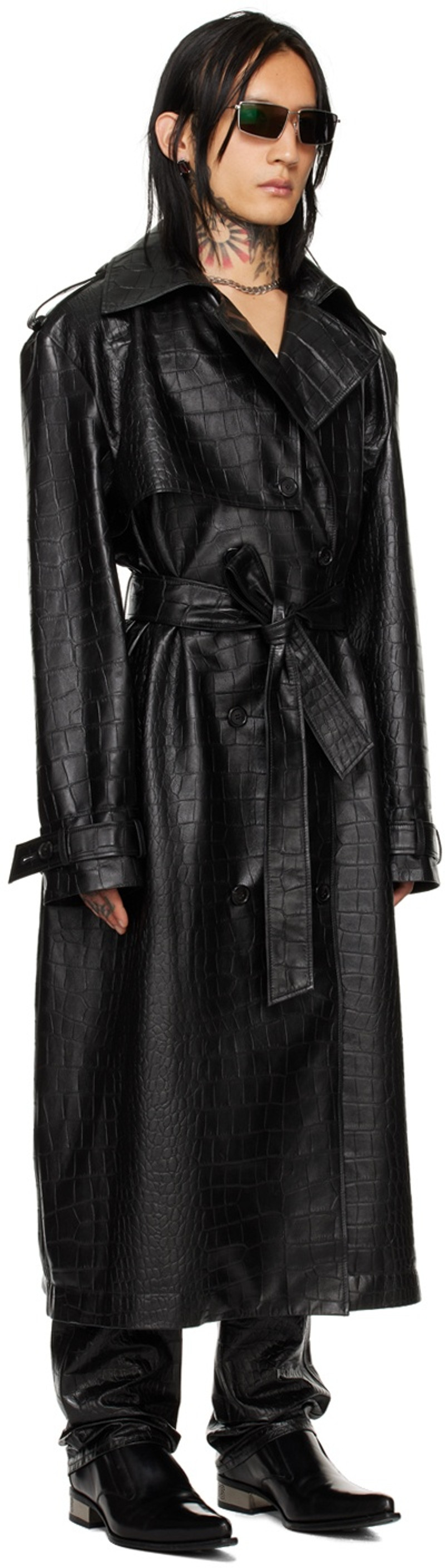 LU'U DAN Black Croc Faux-Leather Trench Coat outlook